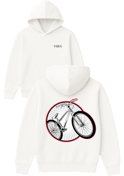 Yuvarlak Bisiklet Tasarım Baskılı Oversize Beyaz Kapüşonlu Sweatshirt