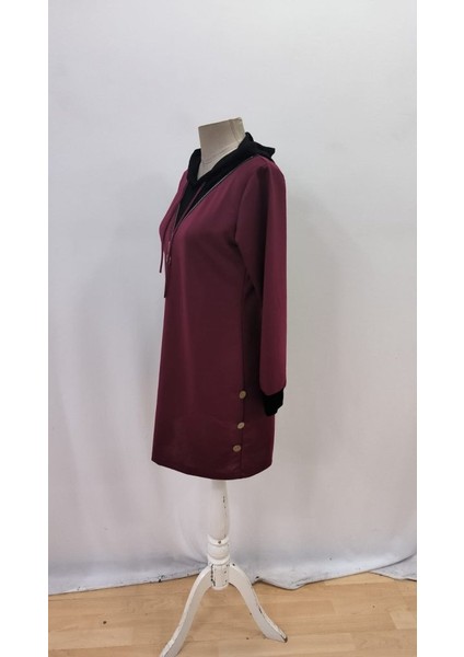 Kadın Uzun Kollu Kapşonlu Önden Fermuarlı Düğmeli Mini Iki Iplik Elbise indirimleri