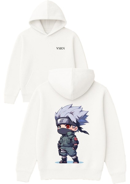 Kırmızı Yesil Gözlü Anime Tasarım Baskılı Oversize Beyaz Kapüşonlu Sweatshirt