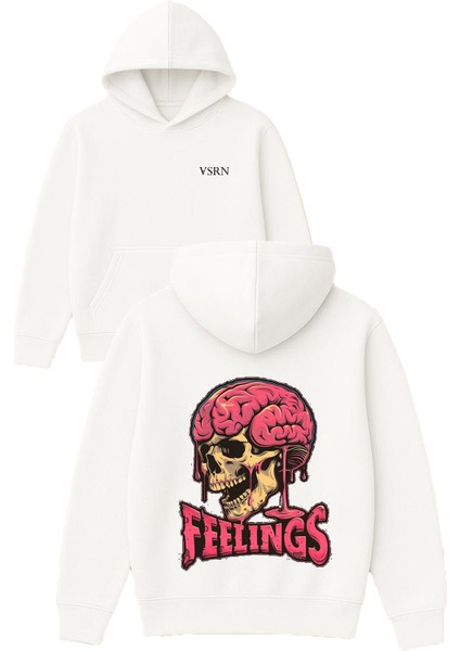 Feelings Tasarım Baskılı Oversize Beyaz Kapüşonlu Sweatshirt