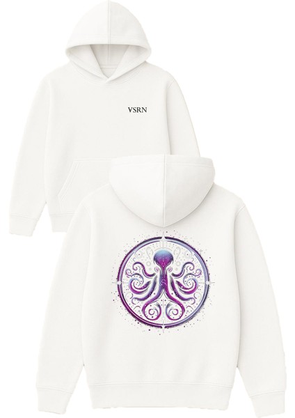 Mor Desenli Ahtapot Tasarım Baskılı Oversize Beyaz Kapüşonlu Sweatshirt
