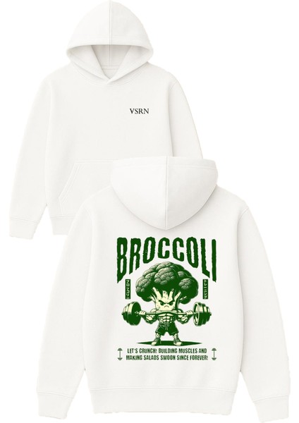 Brocolı Adam Tasarım Baskılı Oversize Beyaz Kapüşonlu Sweatshirt