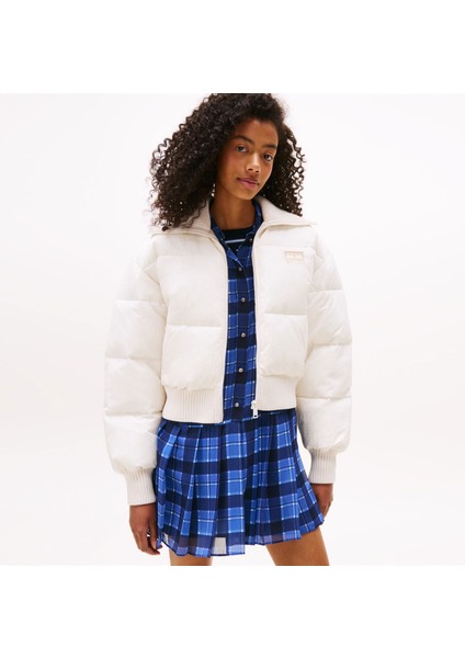 Crop Ribbed Detail Puffer Kadın Beyaz Mont.ybh