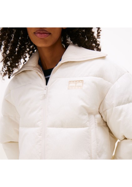 Crop Ribbed Detail Puffer Kadın Beyaz Mont.ybh fırsatları