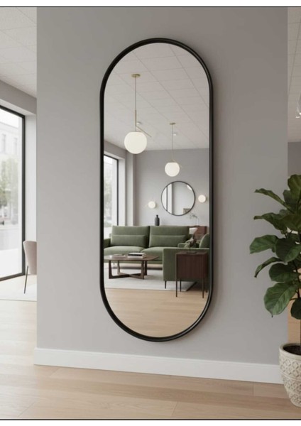 Siyah Elips Ayna 160X60 Dekoratif Salon Hol Dikey Duvar Aynası Metal Çerçeveli 3 Renk Seçeneği