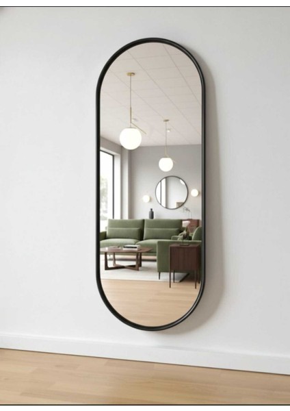 Siyah Elips Ayna 160X60 Dekoratif Salon Hol Dikey Duvar Aynası Metal Çerçeveli 3 Renk Seçeneği modelleri