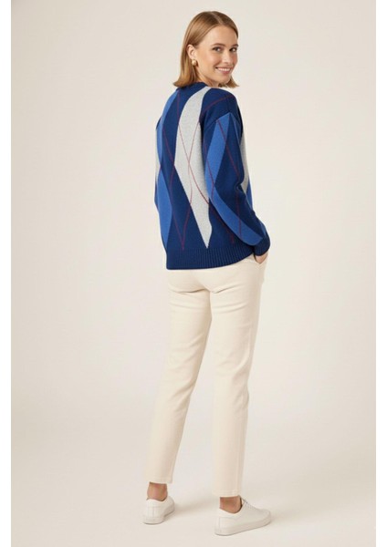 Kadın Baklava Desenli Kazak Petrol Mavisi 25094