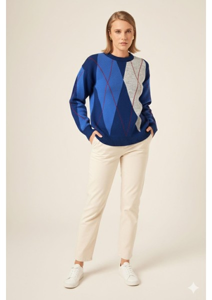 Kadın Baklava Desenli Kazak Petrol Mavisi 25094 modelleri