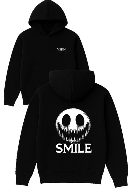 Smıle Tasarım Baskılı Oversize Siyah Kapüşonlu Sweatshirt