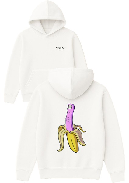 Muz Parmak Tasarım Baskılı Oversize Beyaz Kapüşonlu Sweatshirt