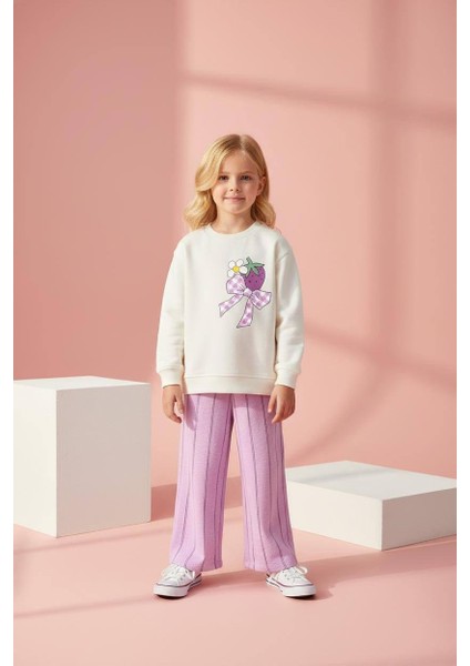 Mor Eşofman Detaylı Çilek Baskı Temalı Kız Çocuk 3 Iplik Alt Üst Takım Süper Kalite Kumaş