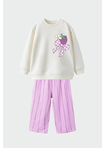 Mor Eşofman Detaylı Çilek Baskı Temalı Kız Çocuk 3 Iplik Alt Üst Takım Süper Kalite Kumaş fiyatları