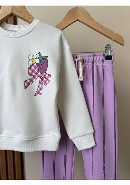 Mor Eşofman Detaylı Çilek Baskı Temalı Kız Çocuk 3 Iplik Alt Üst Takım Süper Kalite Kumaş modelleri