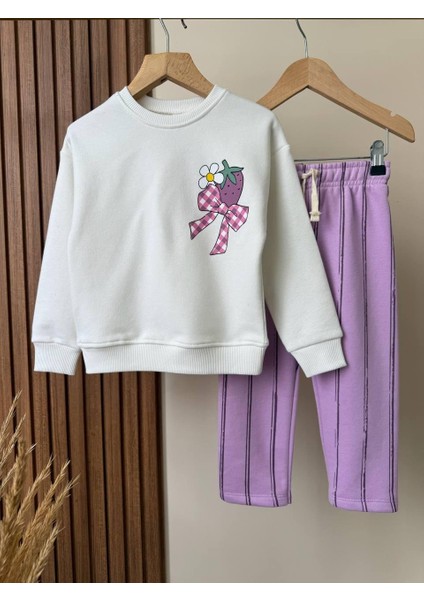 Mor Eşofman Detaylı Çilek Baskı Temalı Kız Çocuk 3 Iplik Alt Üst Takım Süper Kalite Kumaş fırsatları