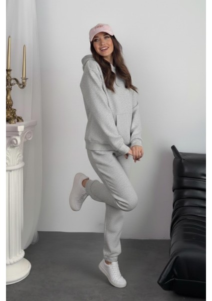 Kadın 3 Iplik Şardonlu Kapşonlu Sweatshirt Paçası Lastikli Gri Eşofman Takımı