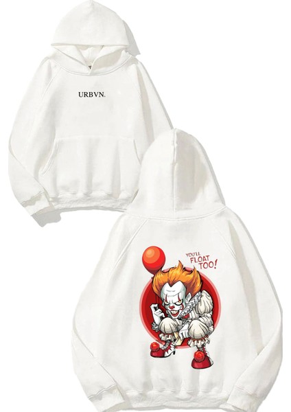 Clown Tasarım Baskılı Oversize Beyaz Kapüşonlu Sweatshirt
