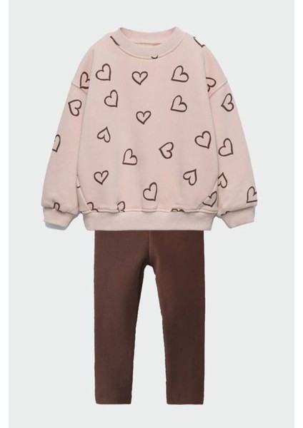Kalp Baskı Detaylı Kız Çocuk Taytlı 2 li takım - Kahverengi
