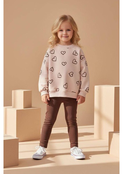 Kalp Baskı Detaylı Kız Çocuk Taytlı 2 li takım - Kahverengi fiyatları