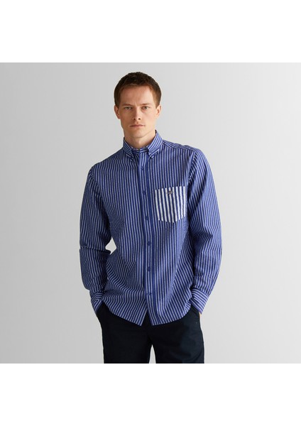 Erkek Lacivert Düğmeli Yaka Çizgili Gömlek