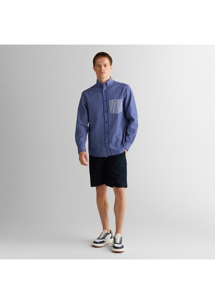 Erkek Lacivert Düğmeli Yaka Çizgili Gömlek modelleri
