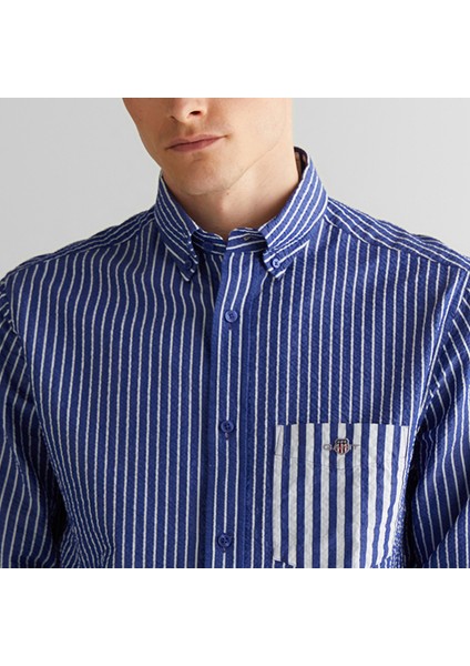 Erkek Lacivert Düğmeli Yaka Çizgili Gömlek fırsatları