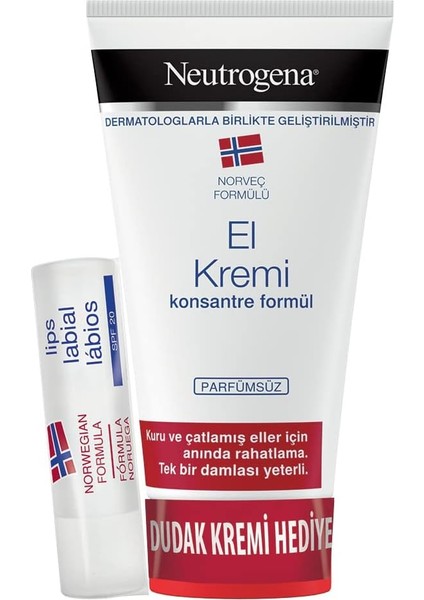 Neutrogena Norveç Formülü Kuru ve Çatlamış Eller Için Parfümsüz El Kremi (1 x 75 Ml) + Dudak Kremi