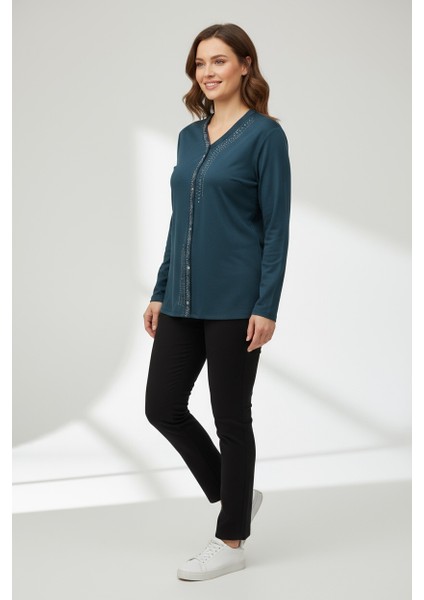 Kadın Önü Kapalı Düğme Detaylı Taşlı Nergis Mevsimlik Bluz fiyatları