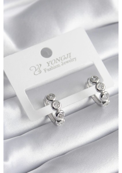 Bfs Pirinç Gümüş Renk Zirkon Taşlı Kadın Küpe