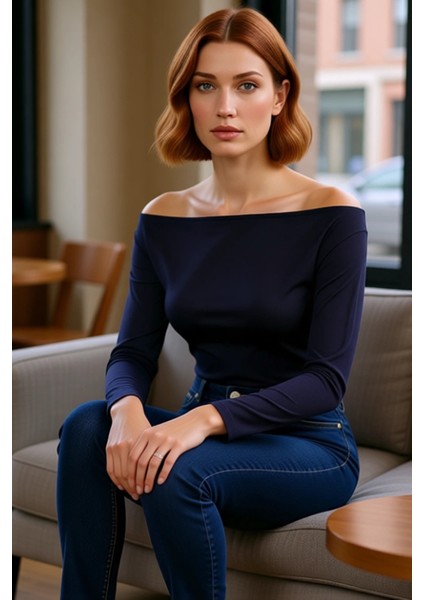 Kadın Şık Regular Kayık Yaka Düşük Kol Slim Kalıp Örme Fitted Vücuda Oturan Kol Viskoz Esnek Bluz