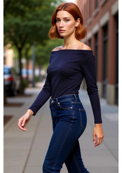 Kadın Şık Regular Kayık Yaka Düşük Kol Slim Kalıp Örme Fitted Vücuda Oturan Kol Viskoz Esnek Bluz fırsatları