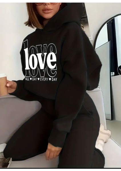 Punıx Büyük Beden Özel Seri Kapüşonlu Love Baskılı %100 Pamuk Oversize Kışlık Kadın Eşofman Takımı