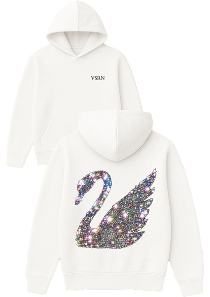 Parlak Flamingo Tasarım Baskılı Oversize Beyaz Kapüşonlu Sweatshirt