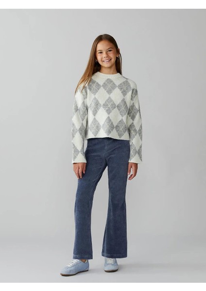 Indigo Beli Lastikli Ispanyol Paça Kadife Kız Çocuk Tayt (W5)