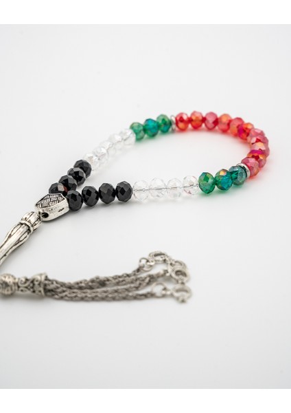 Filistin Bayrak Tasarımlı Kristal Taşlarlı El Yapımı Gümüş Imame Tespih 33'lü A300053