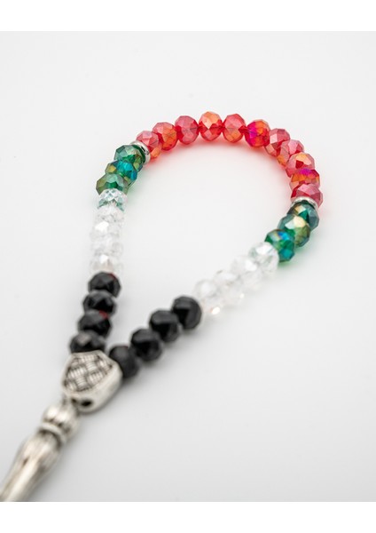 Filistin Bayrak Tasarımlı Kristal Taşlarlı El Yapımı Gümüş Imame Tespih 33'lü A300053