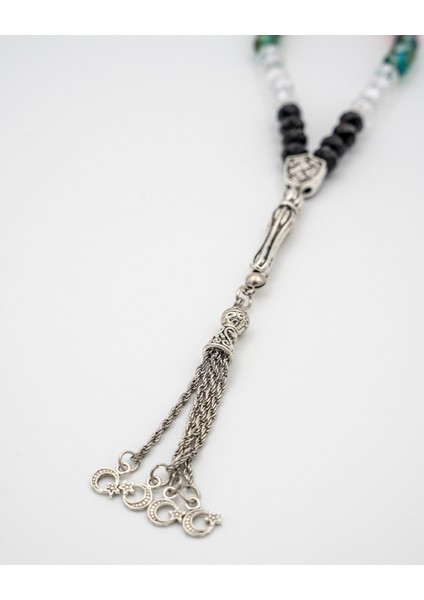 Filistin Bayrak Tasarımlı Kristal Taşlarlı El Yapımı Gümüş Imame Tespih 33'lü A300053