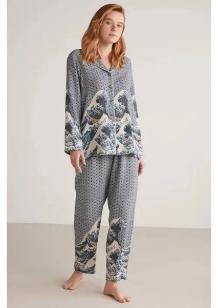 Mdb Nautıca W617 Kadın Uzun Kollu Önden Düğmeli Pijama Takımı