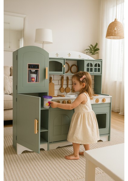 Ahşap Oyuncak Mutfak Seti – Yeşil | Gerçekçi Tasarımlı Çocuk Oyun Mutfağıve Buzdolabı ile