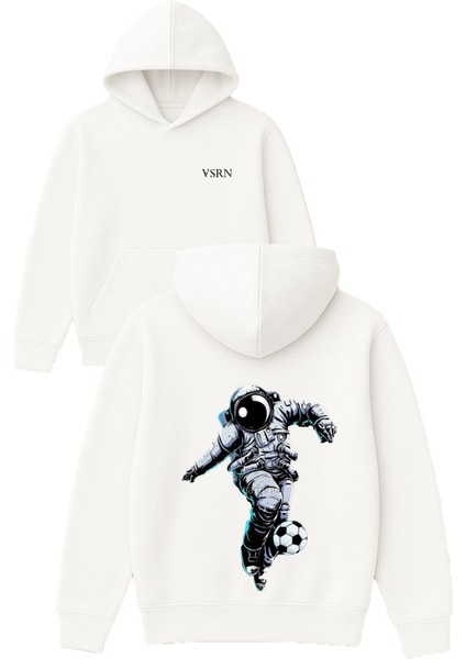 Futbolcu Astronot Tasarım Baskılı Oversize Beyaz Kapüşonlu Sweatshirt