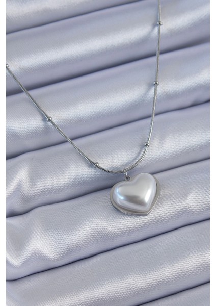 Bfs 316L Çelik Gümüş Renk Incili Kalp Model Minimal Top Detay Kadın Kolye