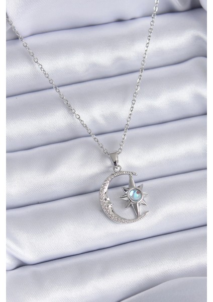 Bfs 316L Çelik Gümüş Renk Zirkon Taşlı Ay Yıldız Model Kadın Kolye