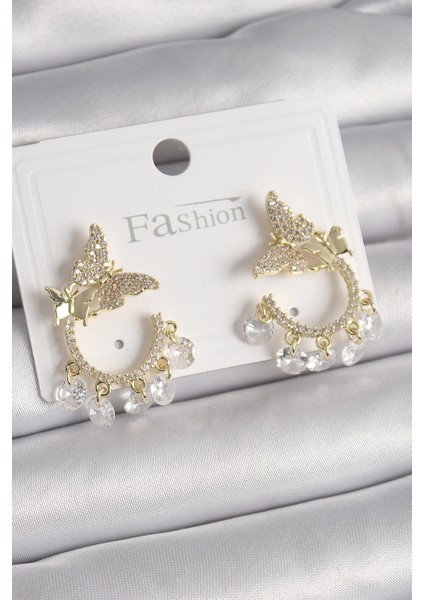 Bfs Pirinç Gold Renk Zirkon Taşlı Sallantı Detay Kelebek Model Kadın Küpe