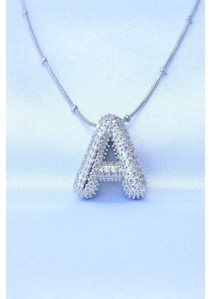 Bfs 316L Çelik Zincirli Zirkon Taşlı A Harfli Gümüş Renk Bubble Kolye