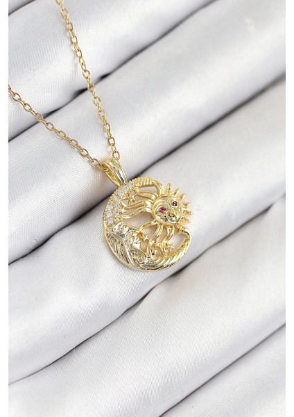 Bfs 316L Çelik Zirkon Taşlı Ay ve Güneş Model Gold Renk Kadın Kolye