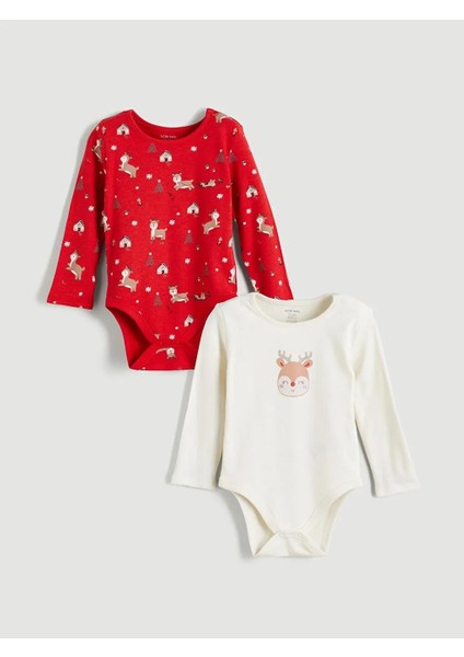 Geyik Baskılı Uzun Kollu Kız Bebek Çıtçıtlı Body 2'li (W5)