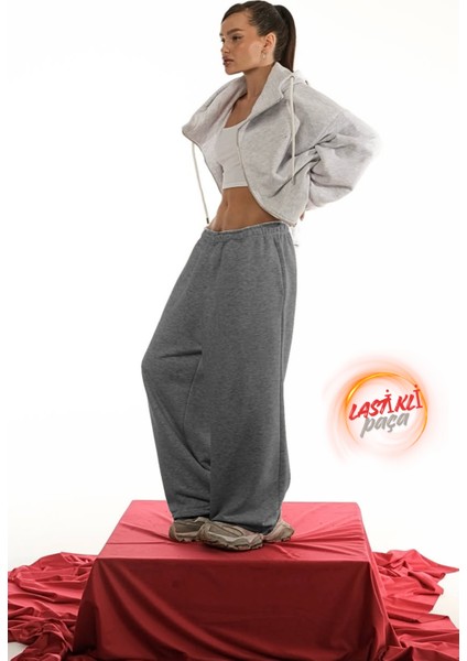 Unisex Kışlık Şardonlu Baggy Eşofman Altı 2 Cepli Ayarlanabilir Paça Lastikli Ultra Bol Rahat Kalıp