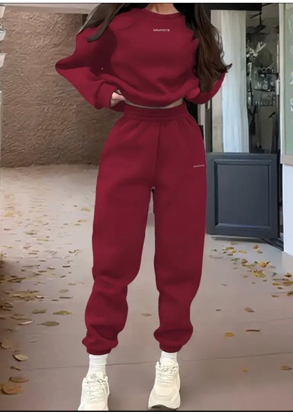 Punıx Büyük Beden Özel Tasarım Graphıte Baskılı Yuvarlak Yaka Modern Battal Kışlık Kadın Eşofman Takımı