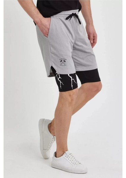 Unisex Baskılı Iç Cepli Sporcu Alt Taytlı Şort - Gri