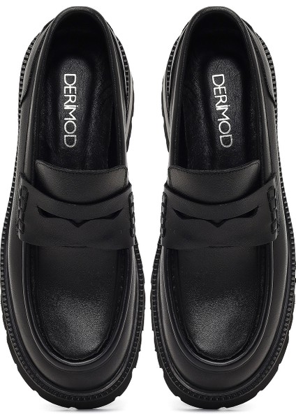 Kadın Siyah Kalın Tabanlı Deri Loafer 25AFD270518