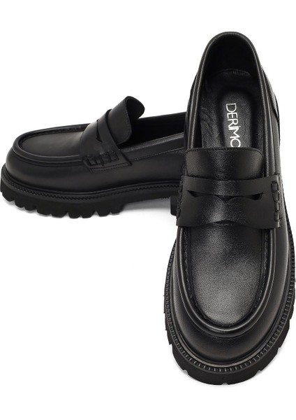 Kadın Siyah Kalın Tabanlı Deri Loafer 25AFD270518